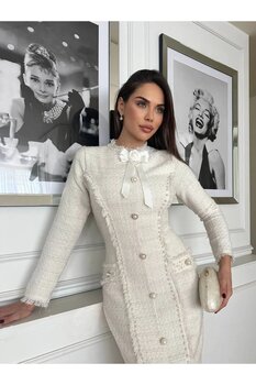 1Moda1Tarz Kadın İthal Tüvit Kumaş İnci İşlemeli Kurdele Detay Kollar Püsküllü Astarlı Özel Tasarım Elbise XL Beden