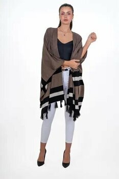 Chuba 24W123 Kahverengi Kadın Püsküllü Renk Bloklu Triko Panço