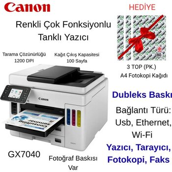 Canon Maxify GX7040 Wi-Fi Renkli Çok Fonksiyonlu Tanklı Mürekkep Püskürtmeli Yazıcı+3top A4 Hediye - Beyaz