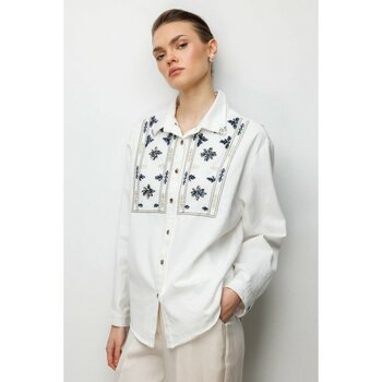 Ekol Kadın Taşlı Desen Işlemeli Pamuklu Gömlek 2914 Ekru - 40