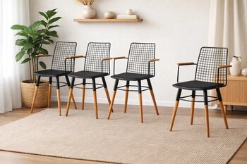 Ahşap Kollu Tel Sandalye, 4 Adet