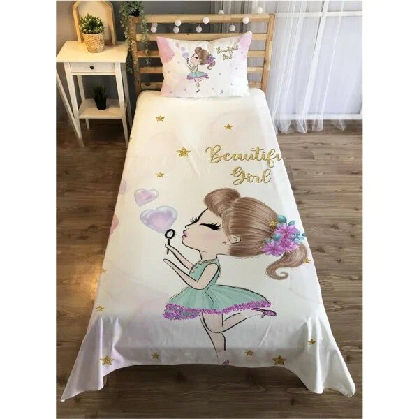 Evmila Baloncuk Çıkartan Kız Desenli Renkli Kadife 140 x 220 cm Yatak Örtüsü