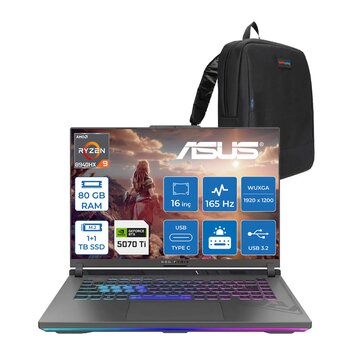 Asus Rog Strix G16 G614pr-Rv050 Amd Ryzen 9 8940hx Aı 80 Gb Gb 1tb+1tb 12 Gb/Rtx5070ti Gddr7 140w 16" Wuxga 165hz 300nits  Freedos Taşınabilir Bilgisayar Wrv050f36+Zettaçanta