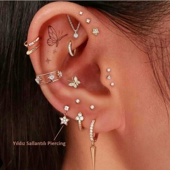 Heppii Cerrahi Çelik Yıldız Sallantılı Piercing Helix Kıkırdak Gold Renk - Çok Renkli