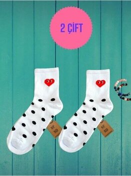 2 Çift Puantiyeli Kalpli Beyaz Kolej  Çorabı Yumuşak Pamuklu Kadın Çorap 36 - 40