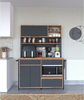 Defne Kahve Köşesi, Çok Amaçlı Dolap, 3 Kapaklı 2 Çekmeceli, Kiler Mutfak Dolabı, Atlantik Çam - Antrasit