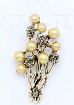 Markazit Taş Işçilikli Altın Renk Incili Broş