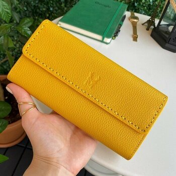 Modica Tampa - Hakiki Deri Mıknatıslı Telefon Bölmeli Bayan Cüzdan - Sarı