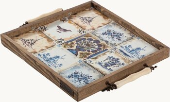 bluecape Selanik Etnik Çini Seramik Doğal Ağaç Çerçeveli 32x32 cm Servis Sunum Tepsisi