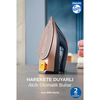 Philips Azur Yenilendi, 8000 Serisi Azur Buharlı Ütü, Kumaşa Göre Otomatik Akıllı Buhar 3000W + Tiftik Toplayıcı - Lacivert
