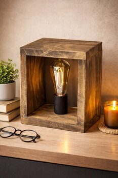 ONUR AVİZE Retro Rustik Ahşap Masa Lambası Ahşap Abajur Ahşap Dekoratif Eskitme Gece Lambası