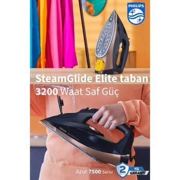 Philips 3200W Güçlü Performans Steamglide Elite 7500 Serisi 260G Şok Buhar 55G/DK Sürekli Buhar  Taban Ütü - Mavi
