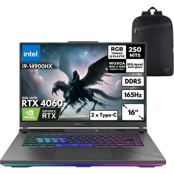 Asus Rog Strix G16 I9-14900HX 16-GB DDR5 512 GB SSD RTX4060 (8GB-140W) 16" Wuxga Windows 10 Pro Taşınabilir Bilgisayar + Sırt Çantası G614JVR-N3095