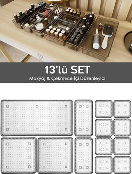 Meleni Home 13'lü Çekmece İçi Organizer - Kozmetik Takı Makyaj Organizeri Dolap İçi Düzenleyici - Antrasit