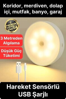 Svein Premium Hareket Sensörlü Mini USB Şarjlı Led Işık Gece Lambası Koridor Bahçe Garaj Dolap Aydınlatma