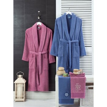 Sternen Glanz Unisex 4'lü Bornoz Set Nakışlı Baş Havlulu Çeyiz Seti Hamam Seti Banyo Seti %100 Pamuk - L - XL - Mürdüm - Mavi