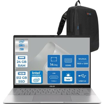Asus Vivobook S14 Intel Core 5 210H 24GB Ddr5 512GB SSD Intel UHD Graphics 14" Wuxga IPS 60Hz 300NITS Freedos Taşınabilir Bilgisayar LY083F05 + Zet...