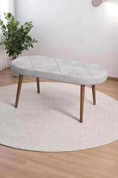 MYMASSA Bench - Jerika Krem Kumaş - Ahşap Ceviz Ayak - Mutfak Benchi - Puf - Oturak