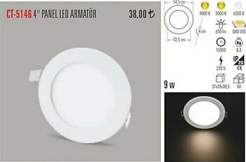 Cata Ct-5146 9 Watt Slim Led Panel Armatür %100 Alüminyum Kasa renk-beyaz