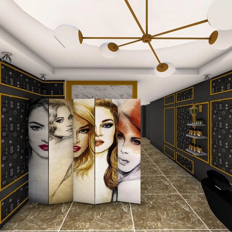 Doğal Ahşap Çıtalı Kadın Baskılı 5 Kanat Ahşap Paravan