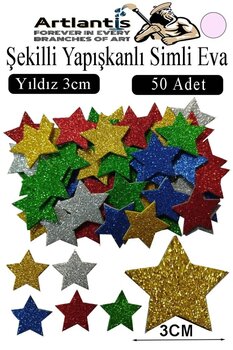 Artlantis Şekilli Simli Eva Yapışkanlı 50 li 1 Paket Kendinden Yapışkanlı Simli Eva Sticker Okul Öncesi Kreş A