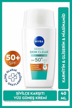 Spf50 Derma Skin Clear Sivilce Karşıtı Yüz Kremi 40 Ml, Matlaştırıcı, Karnitin, Gliserin,Niasinamid