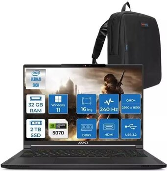 Msı Stealth 16 Aı Ultra 9 285H 32GB Ddr5 2tb SSD 8GB/RTX5070/95W 16" Qhd+ 240hz OLED Windows 11 Home Taşınabilir Bilgisayar A2HWGGH11 + Zettaçanta