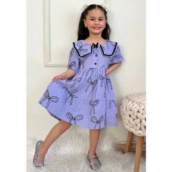 Pamuk Kumaş Fiyonk Baskılı Bebe Yaka Mor 3–4 Yaş Kız Çocuk Bebek Elbise