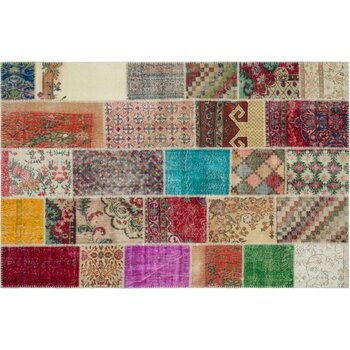 Kırmızı Patchwork Yün Modern Desenli Yün Hav Toz Vermez Leke Tutmayan Salon Yolluk Mutfak El Dokuma Halı - 199 x 303 cm