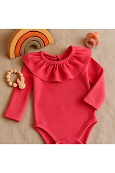 Mini Kids Baby Kız Bebek Şeker Pembe Fırfırlı Yaka Bebek Body Çıtçıtlı Zıbın Romper 18-24 AY Beden