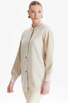 Tığ Triko Kolları Deri Garnili Triko Bomber Ceket BEJ 3 Beden