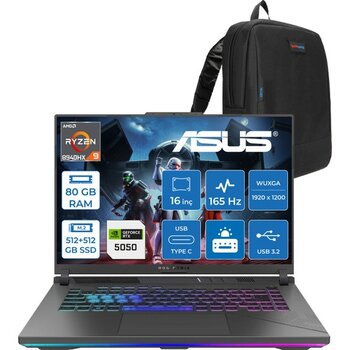 Asus Rog Strix G16 G614PH Amd Ryzen 9 8940HX Aı 80GB GB 512GB+512GB SSD 8GB/RTX5050 Gddr7 115W 16" Wuxga 165Hz 300NİTS  Freedos Gaming Laptop WARV0...