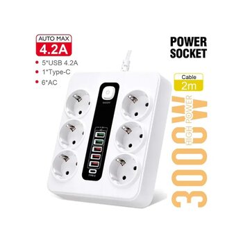 HP-H04 2 metre 6 lı 3000W Uzatma Kablolu Çoklu Termal Akım Priz