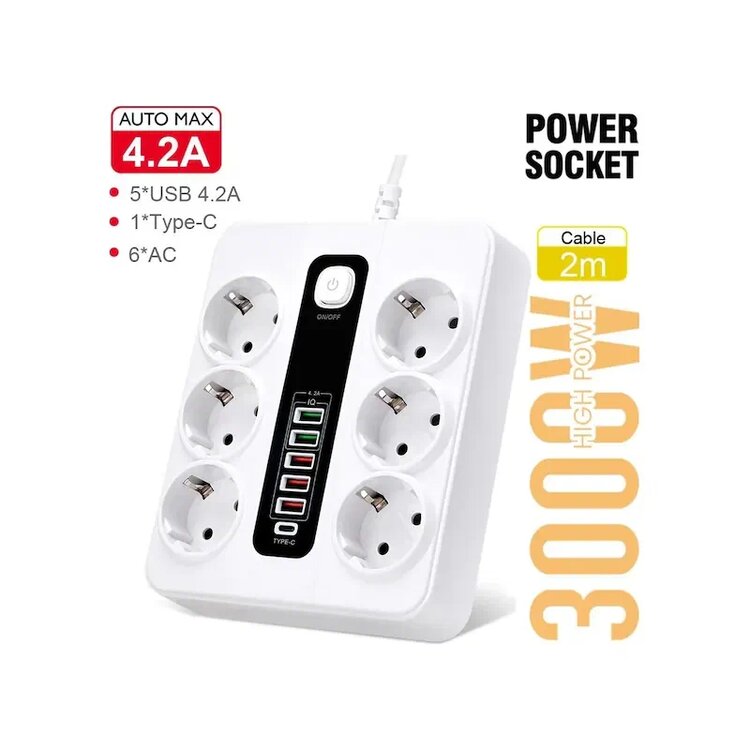 HP-H04 2 metre 6 lı 3000W Uzatma Kablolu Çoklu Termal Akım Priz