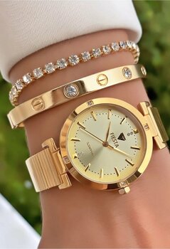 Fiesta Marka Altın Renk Çelik Kordon Çelik Kasa 2 Yıl Garantili Kadın Kol Saati - Bileklik Hediyeli