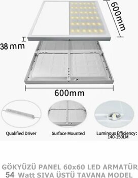 Kendinden Kasalı, Led Panel, 60x60 Armatür, 54watt, Gün Iiığı, 4000 Kelvin, Doğal Işık, Sıva Üstü,