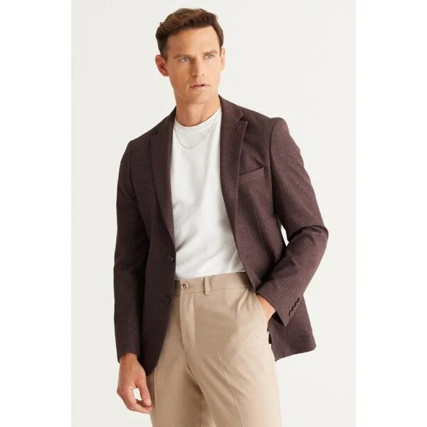 Altınyıldız Classics Slim Fit Dar Kesim Mono Yaka Desenli Blazer Siyah-kahverengi 50-6N Dokuma Ceket