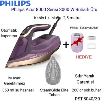 Philips Azur 8000 Serisi DST8040/30 3000 W Buharlı Ütü+ Philips Epilasyon Aleti Hediye - Mor