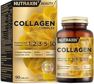 Nutraxin Collagen Complex Tablet | 5 Tip Kolajen (Tip I, Ii, Iii, V, X) + Hyalüronik Asit, Elastin, C Vitamini | Gluten İçermez | 90 Tablet