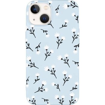 İphone 15 Plus Uyumlu Beyaz Çiçekler Desenli Premium Silikonlu Telefon Kılıfı Buz Mavisi İphone 15 Plus