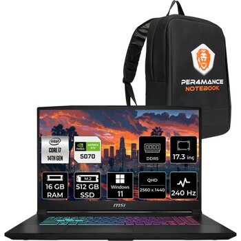 MSI Katana 17 Hx i7 14650HX RTX 5070 8GB 16GB RAM 512GB SSD 17.3" QHD 240Hz Win11 Pro B14WGK046XTRP387 Gaming Laptop + Per4 Çanta