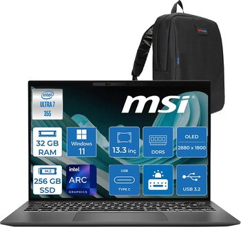 MSI Msı Prestıge 13 Aı+ Intel Ultra 7 355 32GB Ram 256GB SSD Windows 11 Home 13.3" 2.8k (2880 x 1800) OLED Laptop A3MG039TRH01 + Zetta Çanta