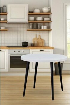 Vilinze Argos Yuvarlak Mdf Beyaz Sabit Mutfak Masası - Q90  cm - Beyaz - Siyah