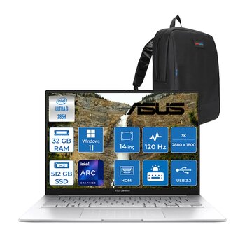Asus Zenbook 14 Intel Core Ultra 9 285h 32gb Lpddr5x 512gb 14" 3k Oled 120hz 600nit Intel Arc Graphics Windows 11 Pro Taşınabilir Bilgisayar Ux3405cap01 + Zettaçanta