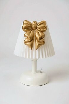 Bubihome Fiyonk Serisi Özel Tasarım Pilli Led Abajur Beyaz Gövde Gold Fiyonk Detaylı Dekoratif Masa Lambası