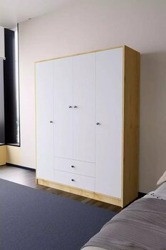 Mirobi Hedamis 4 Kapaklı Gardrop 2 Çekmeceli 10 Raflı Geniş Dekoratif Gardırop Çam-Beyaz