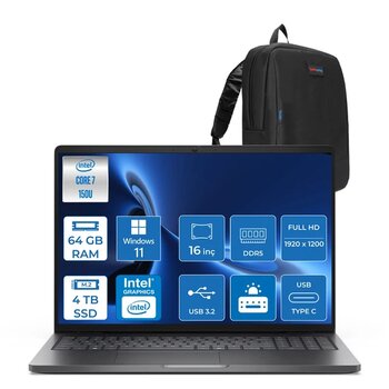 Dell Pro 16 Pc16250 Intel Core 7 150U 64Gb Ddr5 4Tb Ssd 16 Fhd+ Ips (1920X1200) 300 Nits Wın11pro Taşınabilir Bilgisayar. Pc16250c7165p20+Zettaçanta