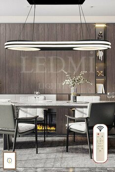 Ledmi Lighting Geniş Model Çift Halkalı Siyah Led Avize, 3 Renk Aydınlatmalı, Kumandalı Modern Avize, Salon Avizesi