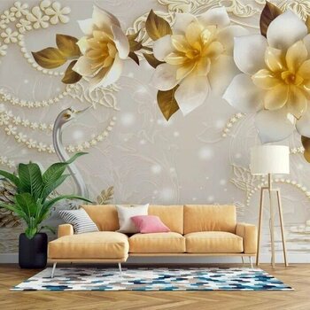 Baskı 3 Boyutlu Çiçek ve Kuğu Desenli Çok Renkli 800 cm x 240 cm Duvar Kağıdı