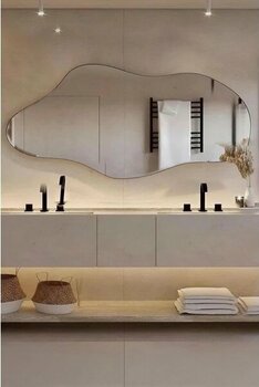 Kapadokya Asimetrik Çerçeveli Modern Duvar Aynası, Dresuar Boy Aynası - Beyaz - 55x110